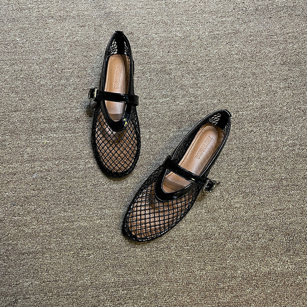 Round Head Mesh Buckle Bud Dance Shoes