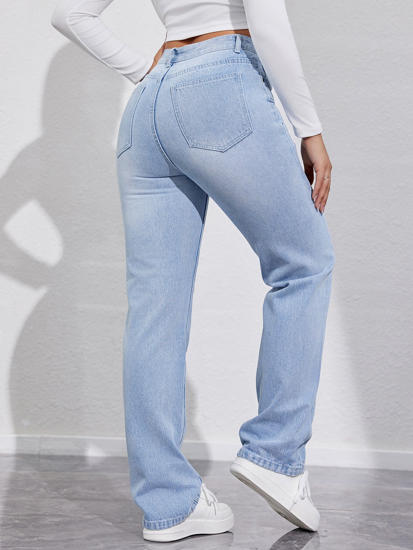 High Waist Slim Straight Pants – Light Blue Ladies Fit