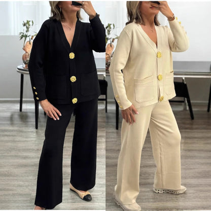 SALE Metal Buckle Knitted Cardigan Sweater Wide Leg Pants Suit