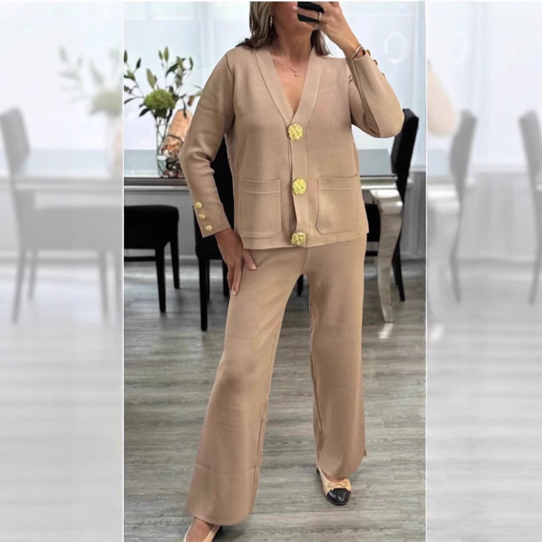 SALE Metal Buckle Knitted Cardigan Sweater Wide Leg Pants Suit