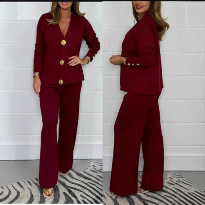 SALE Metal Buckle Knitted Cardigan Sweater Wide Leg Pants Suit