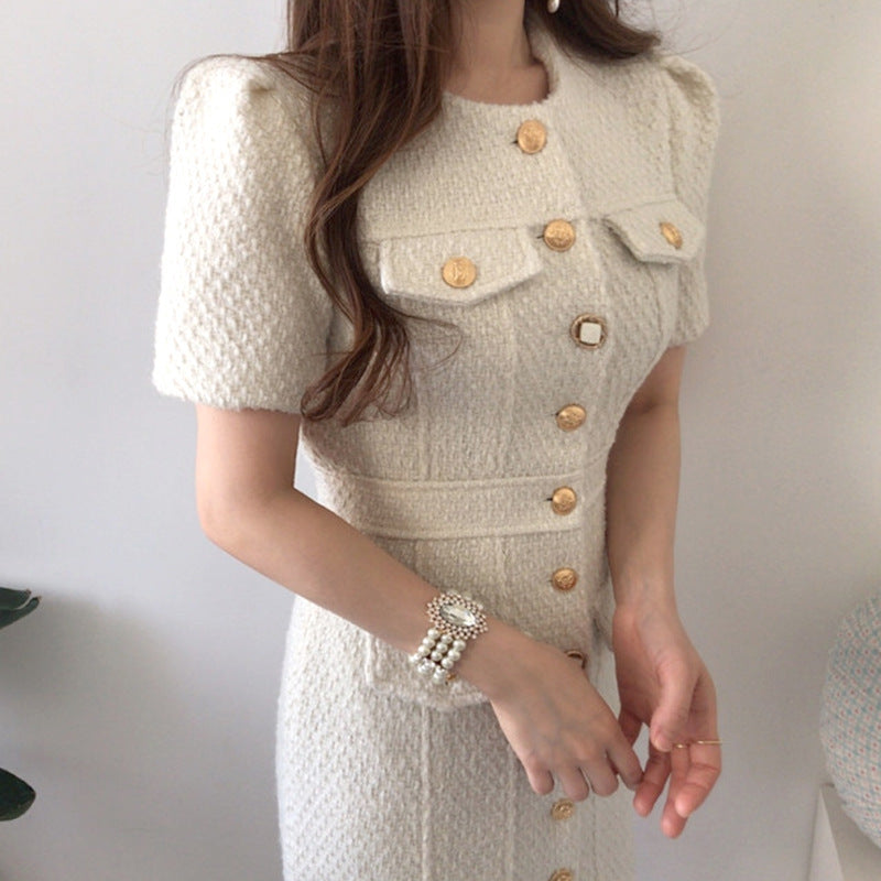 Slim Fit Tweed Dresses with Metal Buttons – Beige