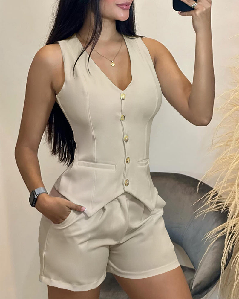 Sleeveless Buttoned Vest & Shorts Summer Sets – White, Apricot & Black