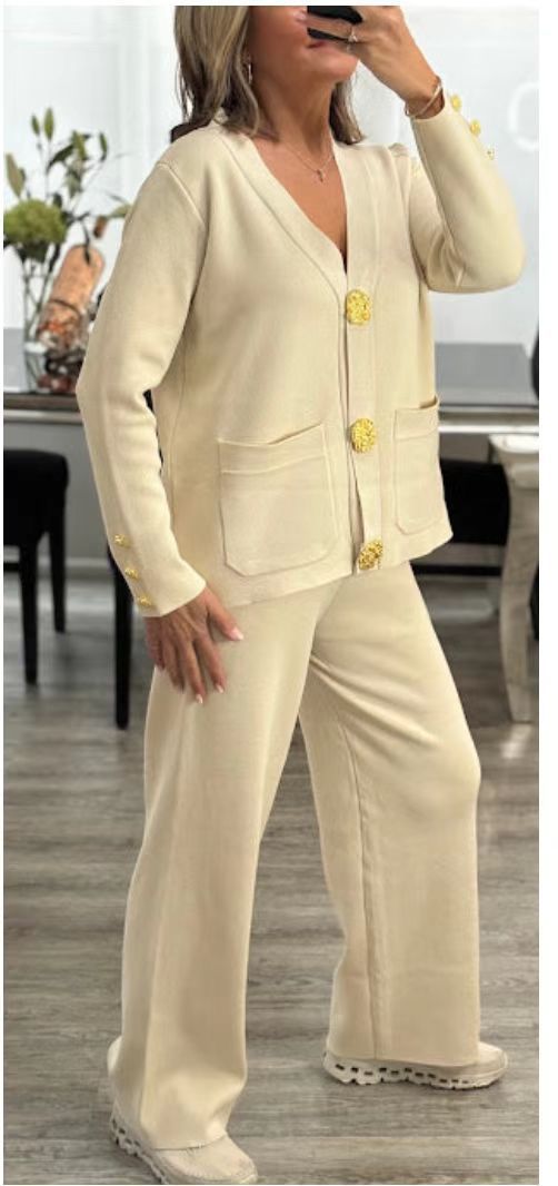 SALE Metal Buckle Knitted Cardigan Sweater Wide Leg Pants Suit