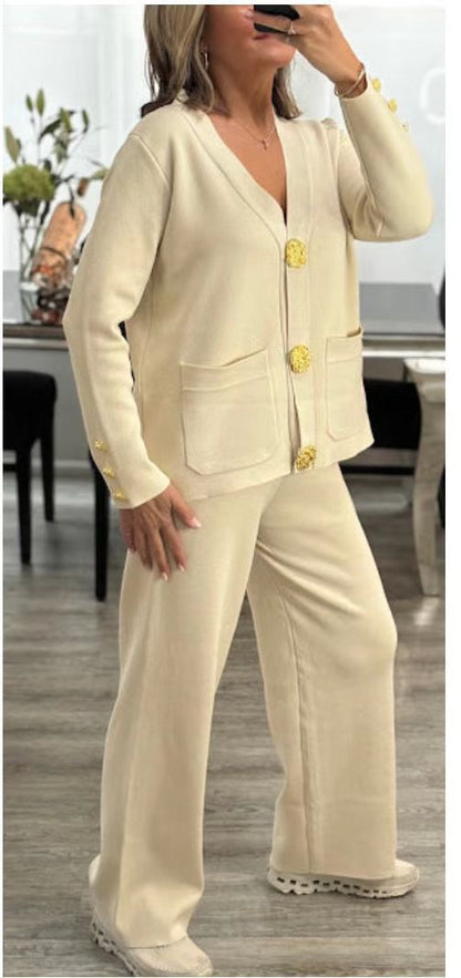 SALE Metal Buckle Knitted Cardigan Sweater Wide Leg Pants Suit