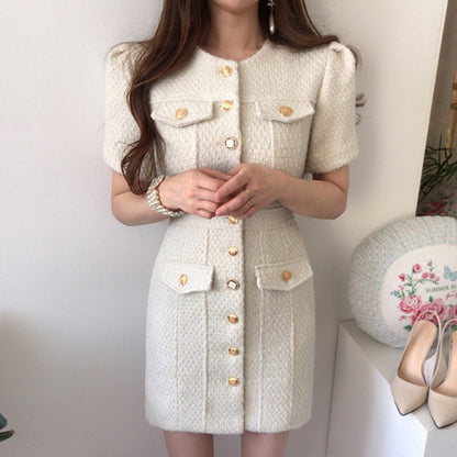 Slim Fit Tweed Dresses with Metal Buttons – Beige