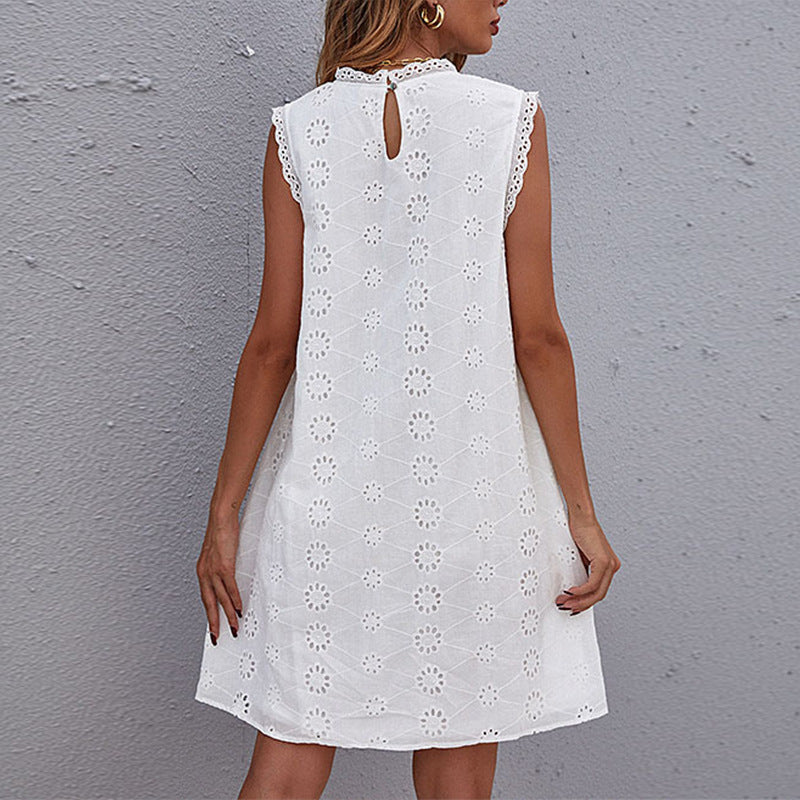 Sleeveless Lace Crochet Dresses – White Mid-Length