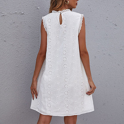 Sleeveless Lace Crochet Dresses – White Mid-Length