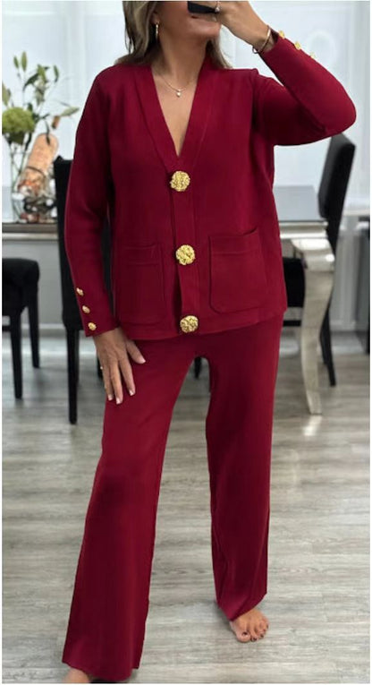SALE Metal Buckle Knitted Cardigan Sweater Wide Leg Pants Suit